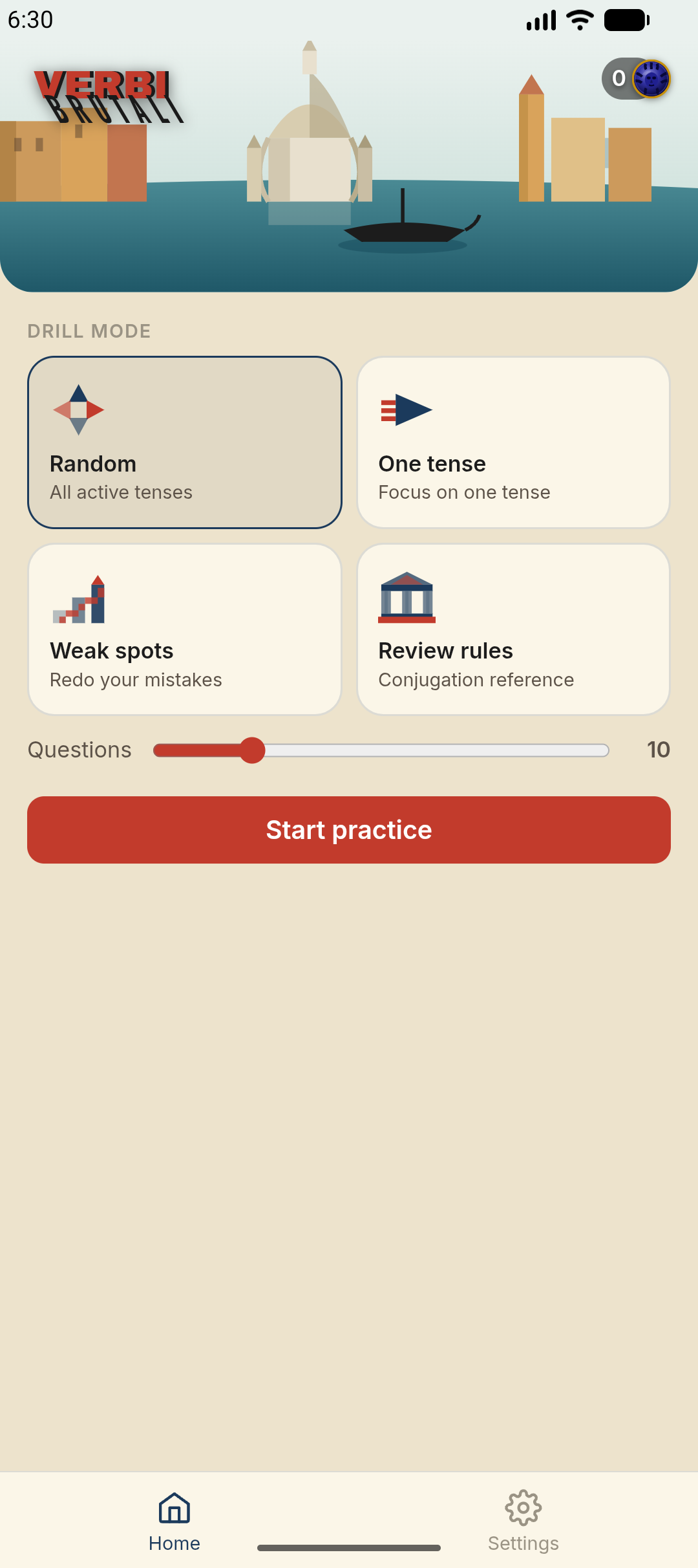 Home screen ‚Äî pick a drill mode: Random, One tense, Weak spots, or Review rules