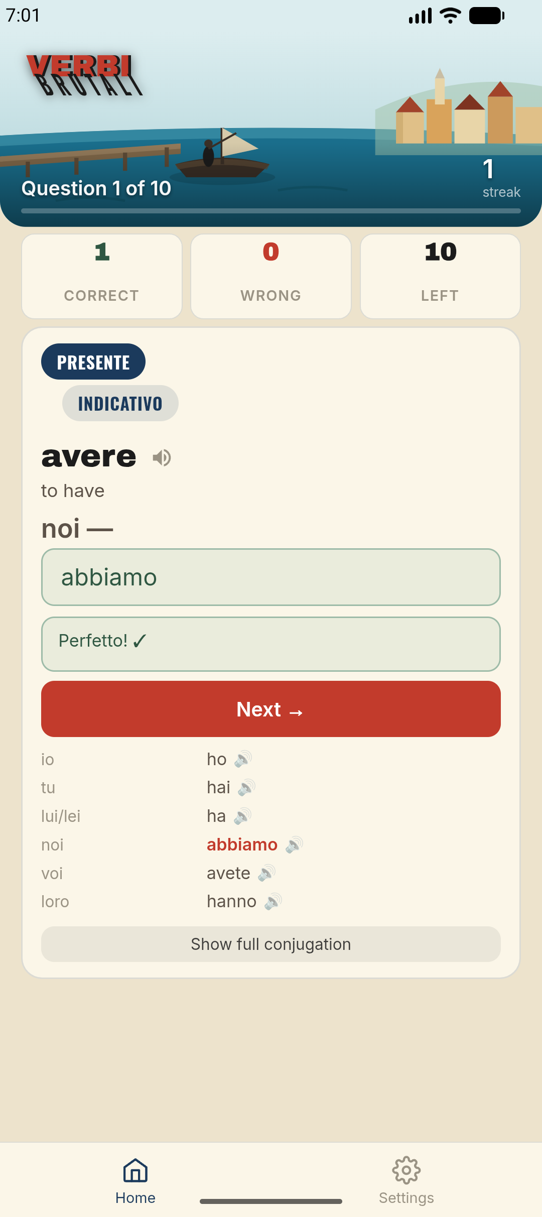 Correct answer with the full conjugation table for ‚Äúavere‚Äù