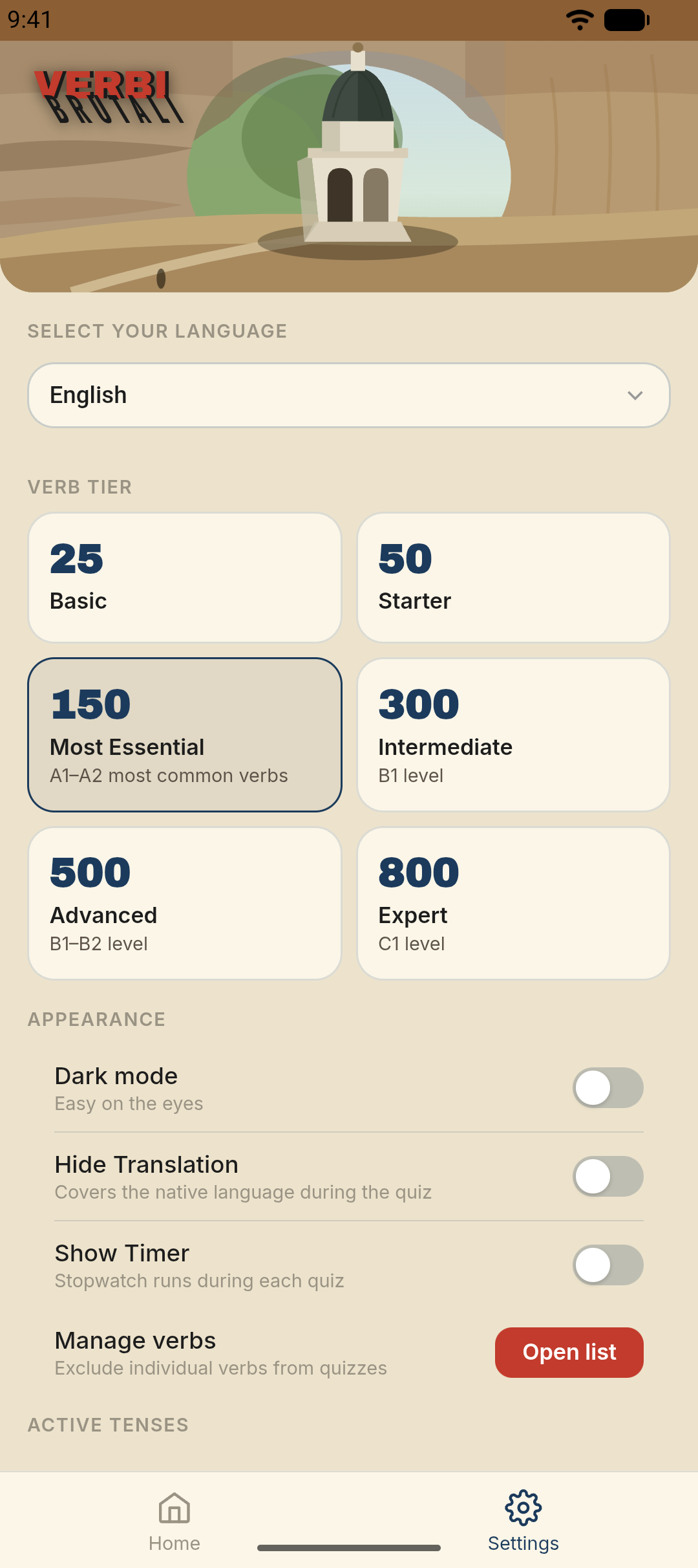 Settings ‚Äî choose a verb tier from 25 up to 800 verbs