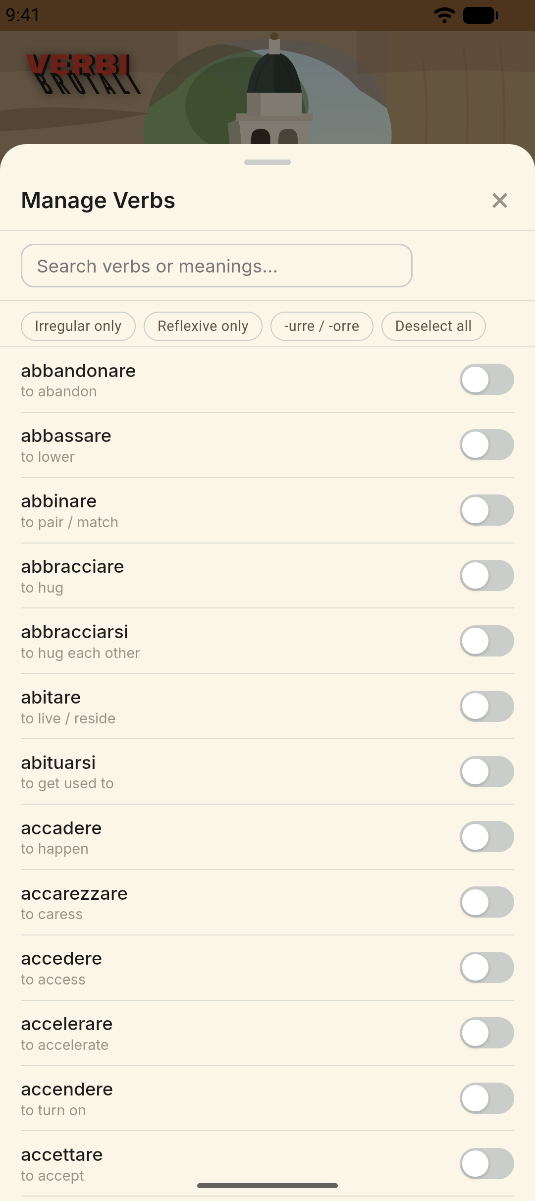 Manage Verbs ‚Äî search and toggle individual verbs