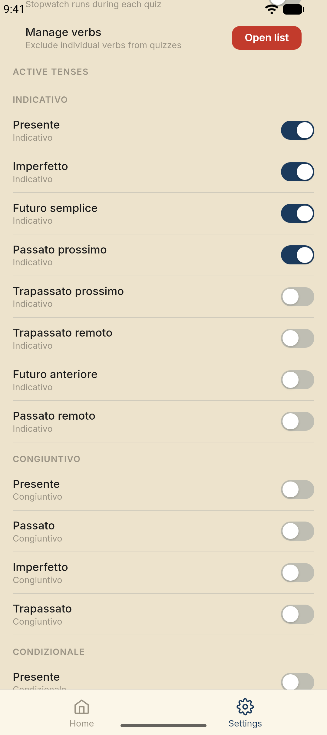 Active tenses ‚Äî enable Indicativo, Congiuntivo, and Condizionale tenses