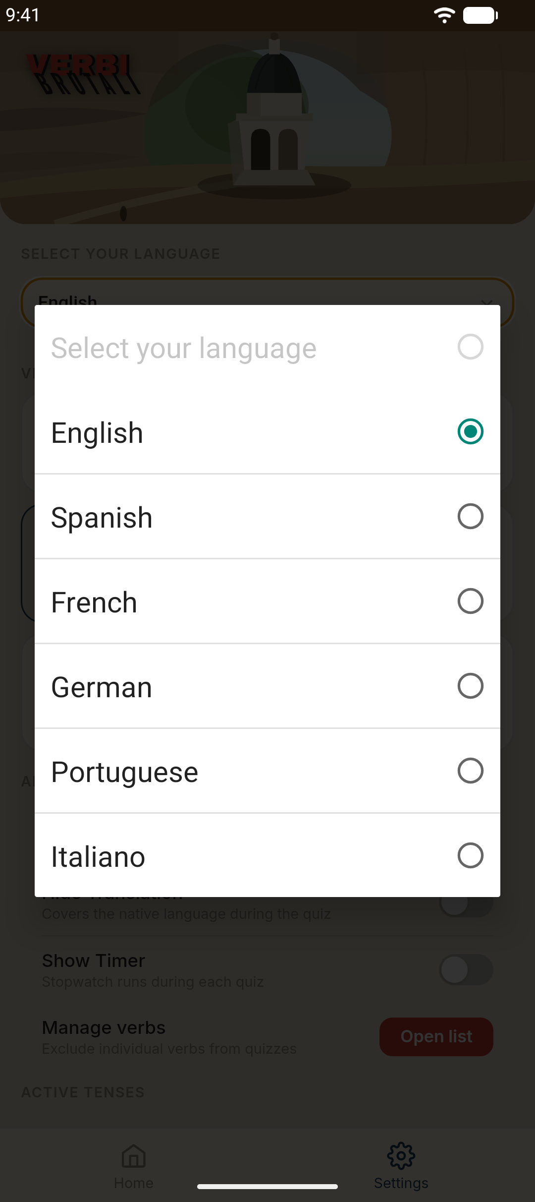 Choose your native language: English, Spanish, French, German, Portuguese, or Italian
